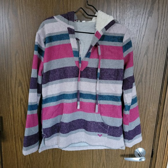 ROXY Pink Purple Striped Fleece Hoodie Size Medium - Picture 1 of 16